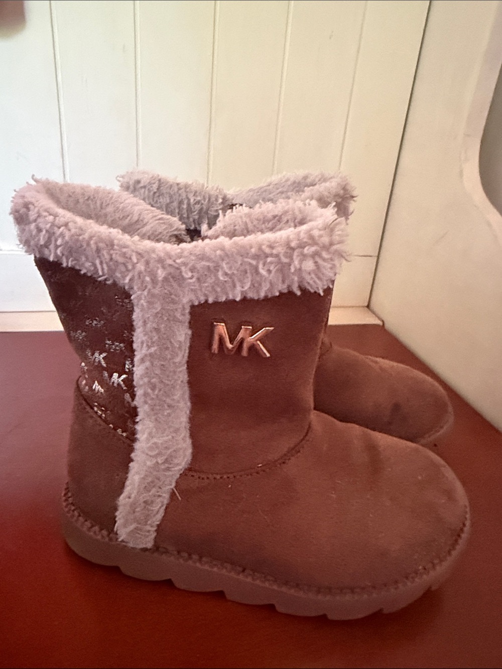 Michael Kors Brown Kids Boots with Cream Faux-Shearling Trim